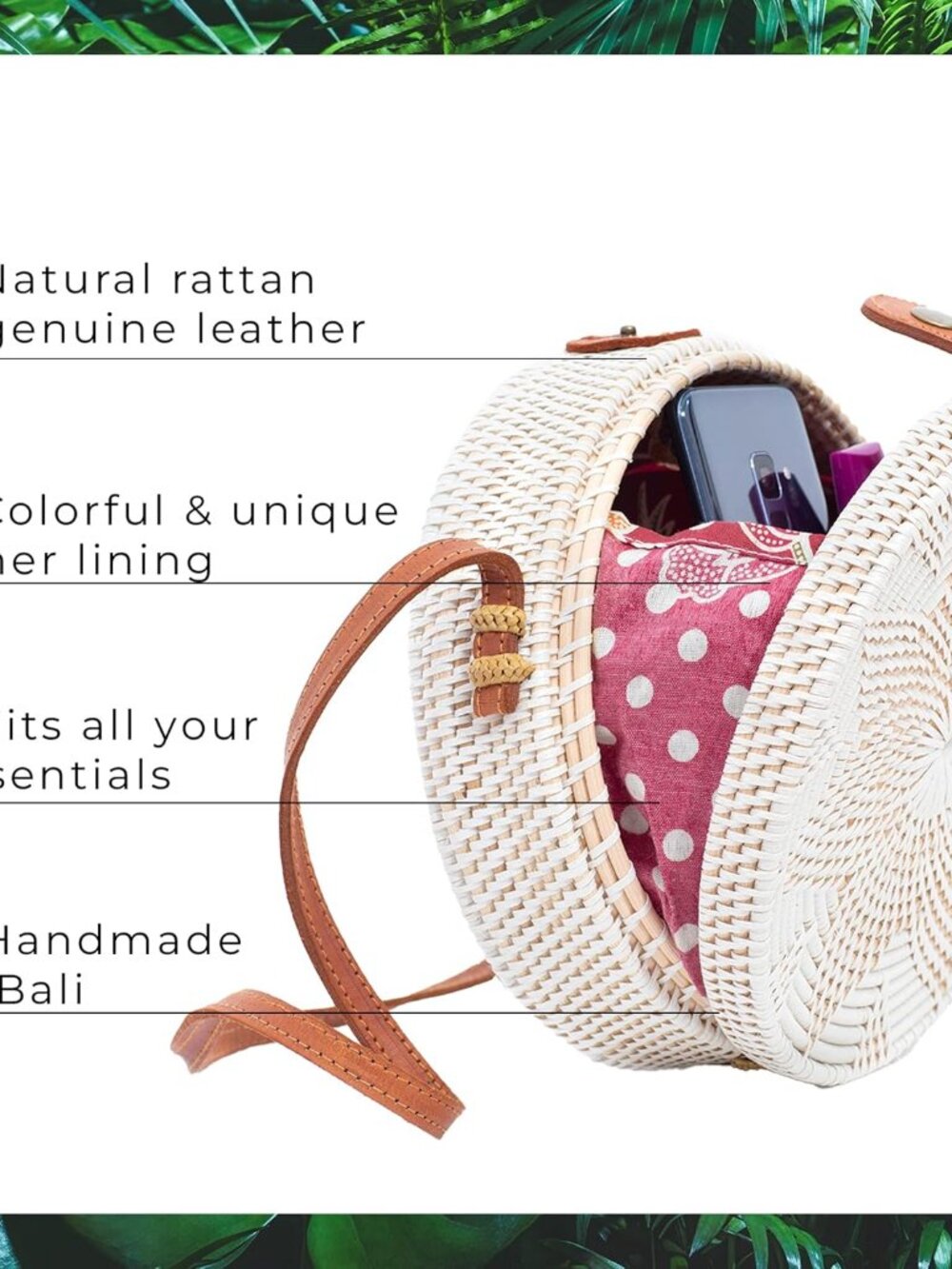 Round Rattan Bag for Women - Handmade Straw Bags - Wicker Purse - Brown White Ci - Picture 3 of 6